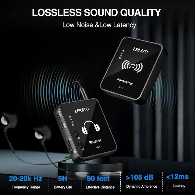 Alt view image 5 of 7 - MS-1 Wireless in Ear Monitor System, 2.4GHz Stereo in-Ear Monitoring System with Wireless Transmitter Receiver Auto-Pairing, Wireless IEM for Studio, Band Rehearsal, Live Performance (Black)