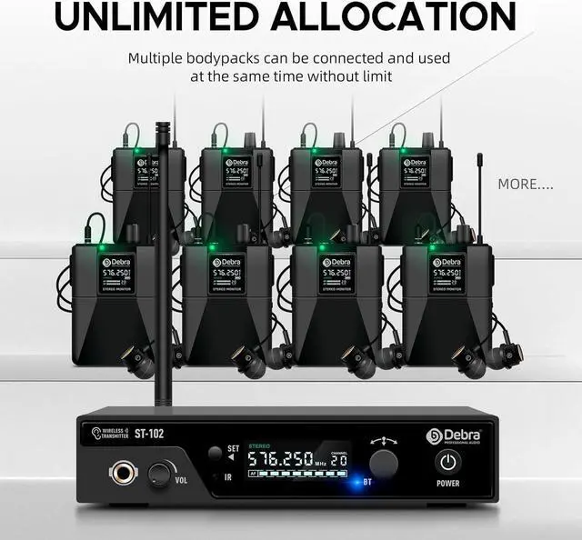Alt view image 2 of 7 - ST-102 UHF Stereo Wireless in Ear Monitor System,Wireless IEM with Bodypacks and Headsets,530-580Mhz Transmitter and Receiver,Ideal for Stage,Studio,Speech(2 Bodypack with Transmitter)