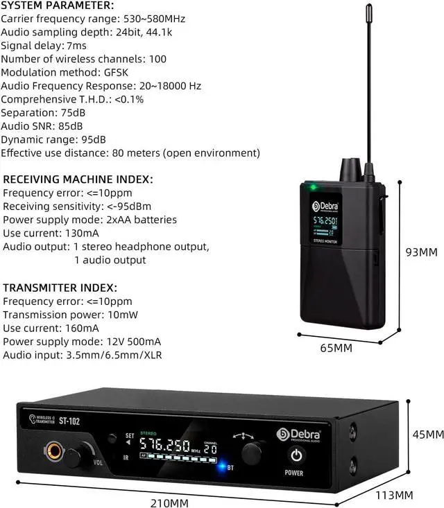 Alt view image 7 of 7 - ST-102 UHF Stereo Wireless in Ear Monitor System,Wireless IEM with Bodypacks and Headsets,530-580Mhz Transmitter and Receiver,Ideal for Stage,Studio,Speech(2 Bodypack with Transmitter)