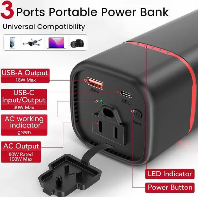 Alt view image 3 of 7 - Portable Power Bank with AC Outlet, 74Wh/20000mAh, 80W (Peak 100W) Laptop Charger, Super Travel Battery Pack for Outdoor Camping, Home, and Office