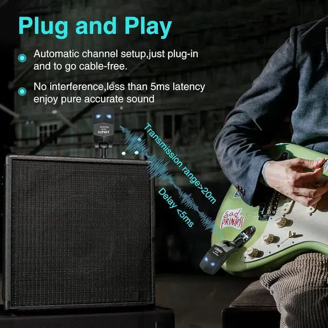 Alt view image 2 of 7 - 2.4Ghz Wireless Guitar System Wireless Guitar Transmitter Receiver with 4 Channels for Electric Guitar Rechargeable Audio Guitar Wireless Transmitter and Receiver for Electric Instruments