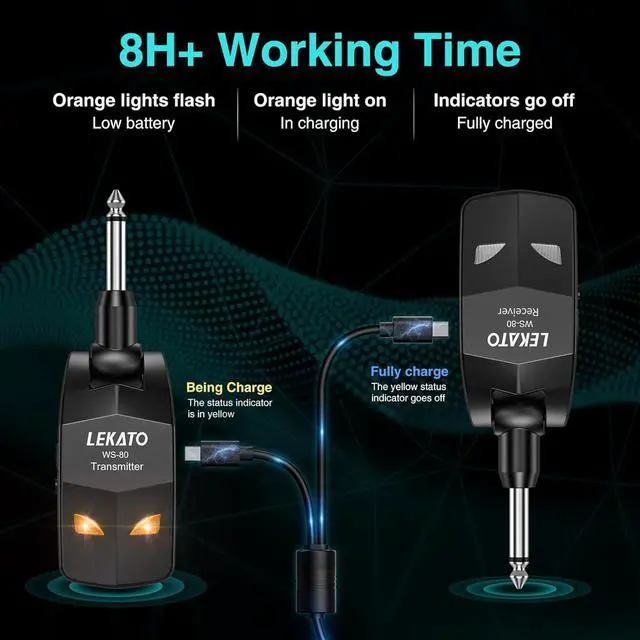 Alt view image 3 of 7 - 2.4Ghz Wireless Guitar System Wireless Guitar Transmitter Receiver with 4 Channels for Electric Guitar Rechargeable Audio Guitar Wireless Transmitter and Receiver for Electric Instruments