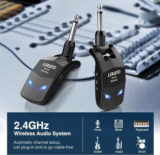 Alt view image 5 of 7 - 2.4Ghz Wireless Guitar System Wireless Guitar Transmitter Receiver with 4 Channels for Electric Guitar Rechargeable Audio Guitar Wireless Transmitter and Receiver for Electric Instruments