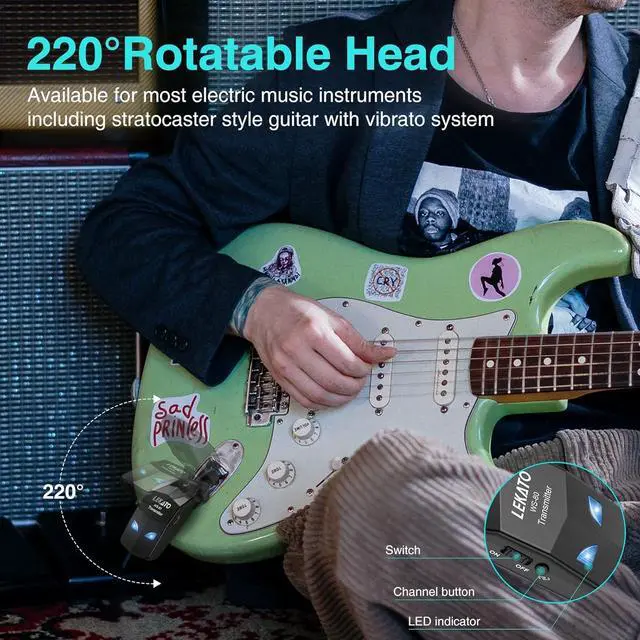 Alt view image 4 of 7 - 2.4Ghz Wireless Guitar System Wireless Guitar Transmitter Receiver with 4 Channels for Electric Guitar Rechargeable Audio Guitar Wireless Transmitter and Receiver for Electric Instruments