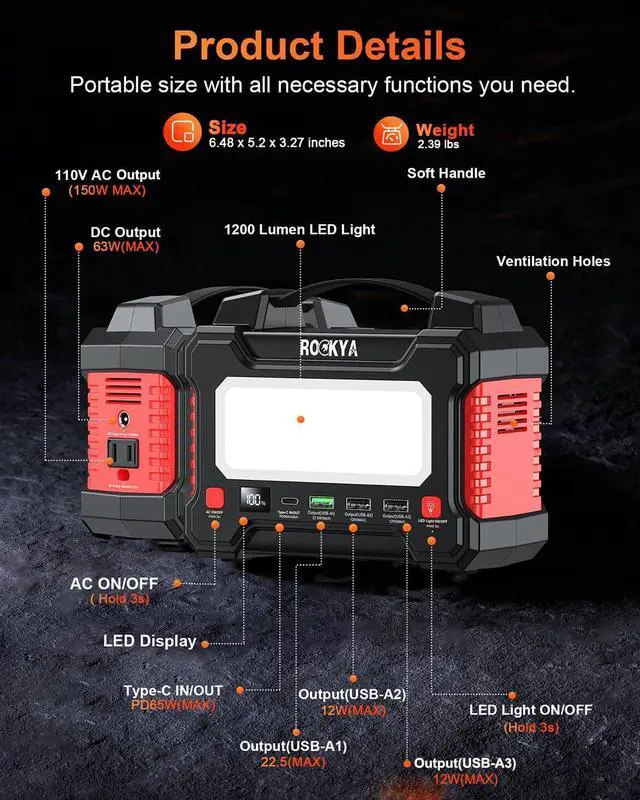 Alt view image 6 of 7 - 166.5Wh Portable Power Station 150W Laptop Charger,Lithium Battery Power Bank Solar Generator with AC outlet & Flashlight (SOS mode) for Home Emergency Outage,Office,Outdoor Camping,RV Travel.