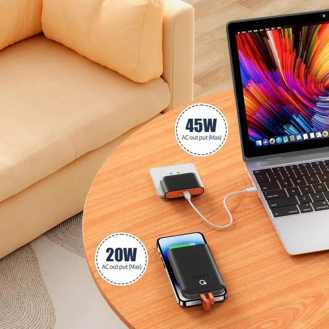 Alt view image 2 of 6 - Separate Portable Charger with Built-in Cables and 45W AC Wall Plug, Usb C Fast Charging Power Bank with Cords,10000mAh External Battery Pack Compatible with iPhone Android Phone Laptop tablet