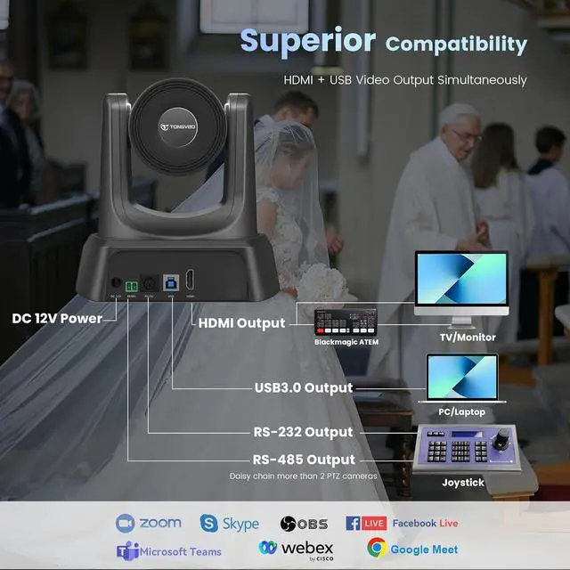Alt view image 4 of 7 - HDMI/USB PTZ Camera 10X Optical Zoom 60fps 1080P Video Conference Camera for Church Worship Live Streaming Meeting Online Learn with Zoom Skype OBS and More