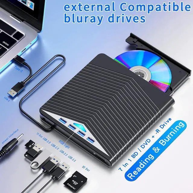 Alt view image 2 of 6 - 7-in-1 External Compatible Blu ray Drive DVD/BD Player Read/Write Portable Bluray Drive USB 3.0 and Type-C DVD Compatible Blu ray Burner Compatible with/Win7/Win8/Win10/ Mac OS