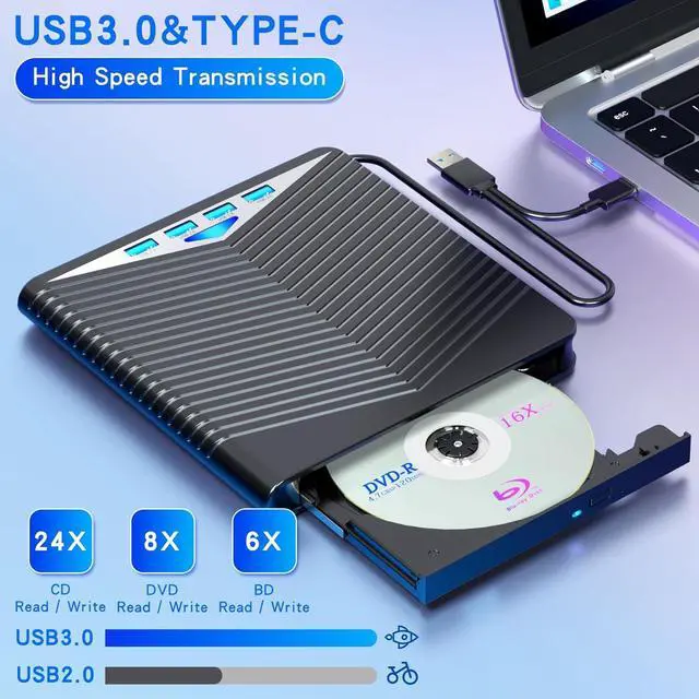 Alt view image 4 of 6 - 7-in-1 External Compatible Blu ray Drive DVD/BD Player Read/Write Portable Bluray Drive USB 3.0 and Type-C DVD Compatible Blu ray Burner Compatible with/Win7/Win8/Win10/ Mac OS