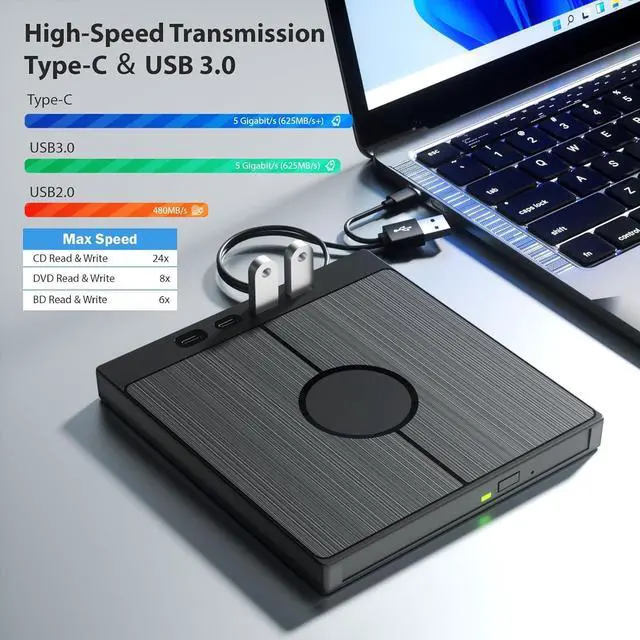 Alt view image 4 of 7 - External Bluray Drive 7 in 1, Blu-ray DVD Burner with USB 3.0/Type-C/SD/TF Card Ports, Support 100G Disc R/W for PC Compatible with Windows XP/7/8/10/11 Mac Laptop Desktop