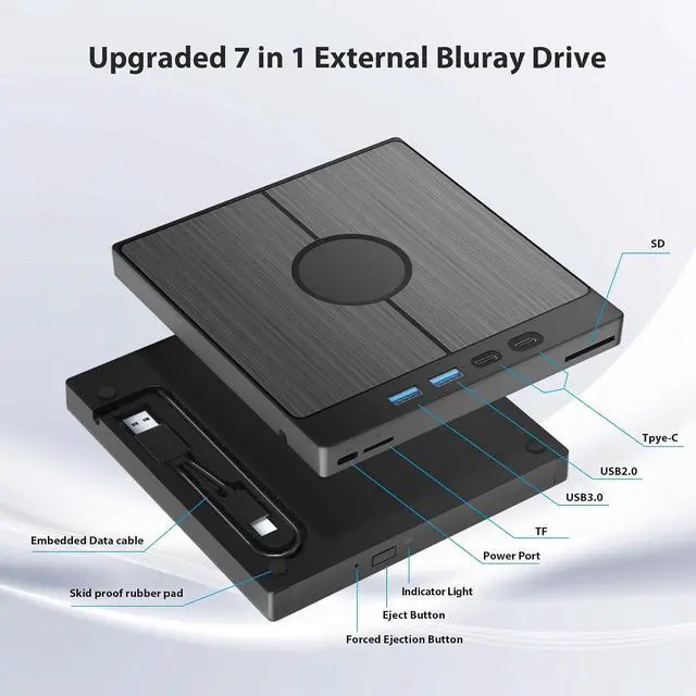 Alt view image 5 of 7 - External Bluray Drive 7 in 1, Blu-ray DVD Burner with USB 3.0/Type-C/SD/TF Card Ports, Support 100G Disc R/W for PC Compatible with Windows XP/7/8/10/11 Mac Laptop Desktop