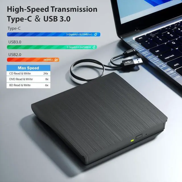 Alt view image 3 of 7 - External Bluray Drive, Support 50G Disc R/W, Portable 3D Blu-ray DVD Writer Burner USB 3.0 Type-C, Suitable for Windows XP/7/8/10/11 MacOS for Laptop, Desktop, Mac