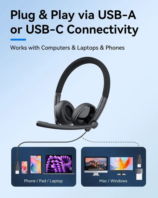 Alt view image 7 of 7 - HS50 Wired Headset with Mic On-Ear Computer Headphones with Noise Cancelling Microphone USB-A/USB-C Adjustable Design in-line Control for Home Office Online Class Teams Zoom All Day Comfort