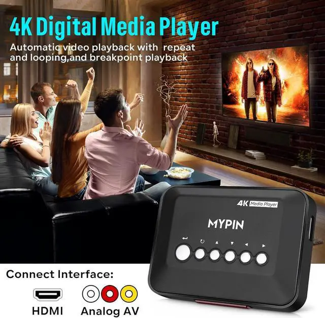 Alt view image 2 of 7 - 4K@30hz HDMI TV Media Player with HDMI/AV Output, Digital MP4 Player for 14TB HDD/ 512G USB Drive/SD Card/H.265 MP4, with Remote Control for MP3 AVI RMVB MPEG etc