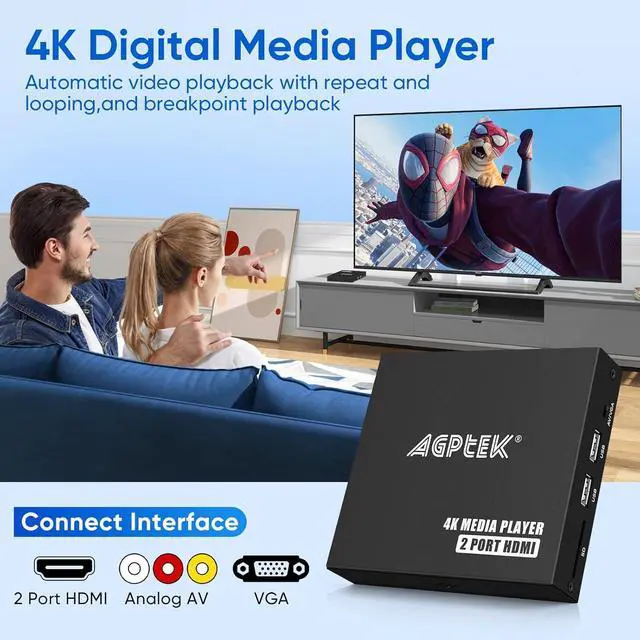Alt view image 2 of 7 - 4K@30hz HDMI TV Media Player with Dual HDMI, One AV/VGA Output, 4K HDMI Splitter Function, Digital MP4 Player for 14TB HDD/512G USB Drive/256G SD Card/H.265 MP4, with Remote Control for MP3 AVI etc