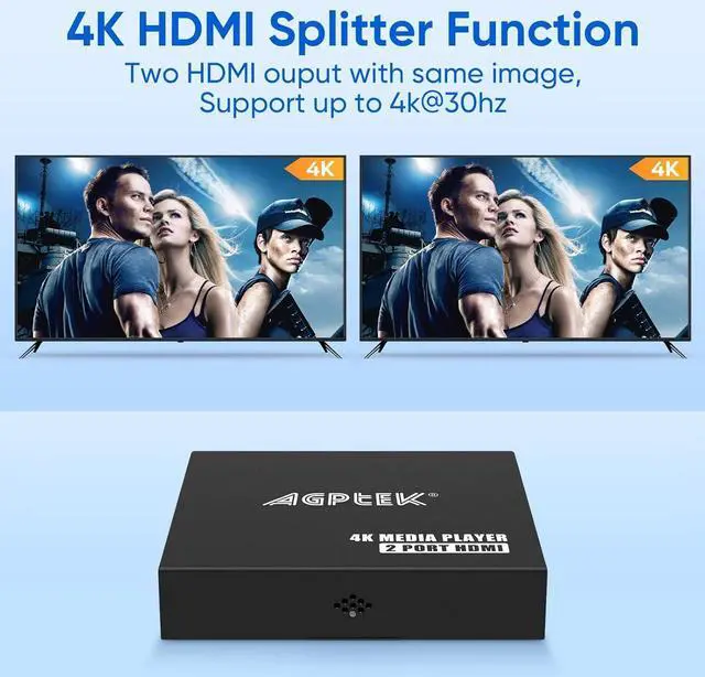 Alt view image 7 of 7 - 4K@30hz HDMI TV Media Player with Dual HDMI, One AV/VGA Output, 4K HDMI Splitter Function, Digital MP4 Player for 14TB HDD/512G USB Drive/256G SD Card/H.265 MP4, with Remote Control for MP3 AVI etc