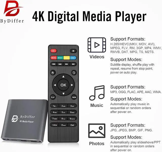 Alt view image 3 of 7 - 4K Ultra HD Digital Media Player, TV MP4 Video Player for USB Drive/Micro SD Card, H.265/HEVC, Digital Signage, Auto Playback, HDMI/AV/Optical Output (Grey)