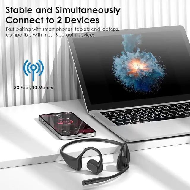 Alt view image 5 of 7 - Open Ear Headphones with Mic, Bluetooth Headset with Microphone, Dual Connect Bluetooth 5.3 with AI Noise Cancelling Mic & Mute Function, Wireless Headset for Work, Sports, Drive