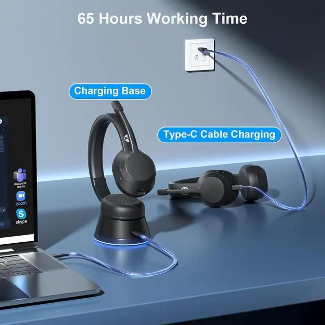 Alt view image 4 of 7 - Wireless Headset, Bluetooth Headphones with Mic(AI Noise Cancelling), 65 Hrs Working Time with USB Dongle, Wireless Headset with Mic for Work from Home/Computer/Laptop/PC/Android