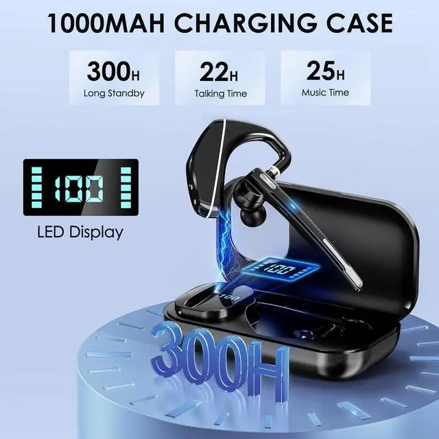 Alt view image 2 of 6 - Bluetooth Headset V5.3, Wireless Earpiece with 1000mAh Charging Case, 96H Talktime, Hands Free Noise Canceling Headphones with Dual-Mic for Computer Cell Phones Trucker Home Office Work
