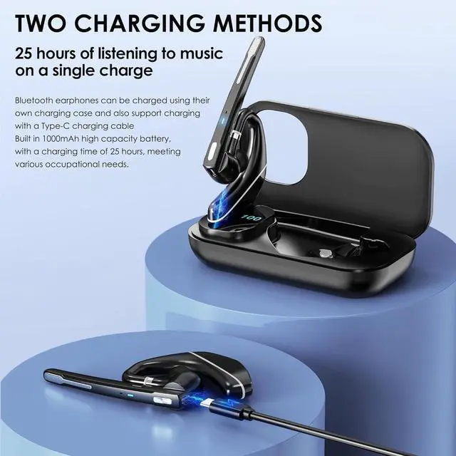 Alt view image 3 of 6 - Bluetooth Headset V5.3, Wireless Earpiece with 1000mAh Charging Case, 96H Talktime, Hands Free Noise Canceling Headphones with Dual-Mic for Computer Cell Phones Trucker Home Office Work