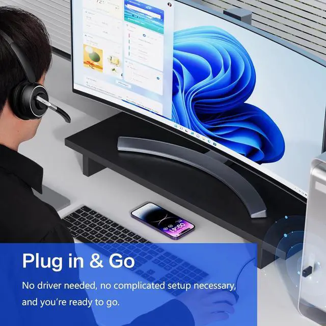 Alt view image 3 of 6 - Bluetooth Headset, Wireless Headset with Microphone for PC, V5.2 Computer Headset with Noise Cancelling Mic, USB Dongle, Charging Base & Mute Button for Work, Cell Phones, Computer (Black)