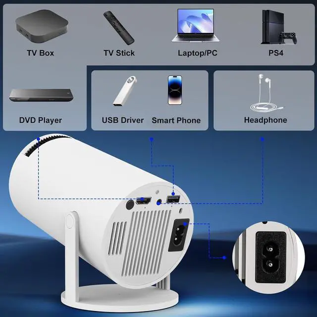Alt view image 6 of 7 - Mini Projector with WIFI 6 and Bluetooth, 4K 1080P Support Portable Projector 180° Rotatable 130'' Screen Movie Projector Auto Keystone Compatible for Laptop, PC, Smartphone (White)