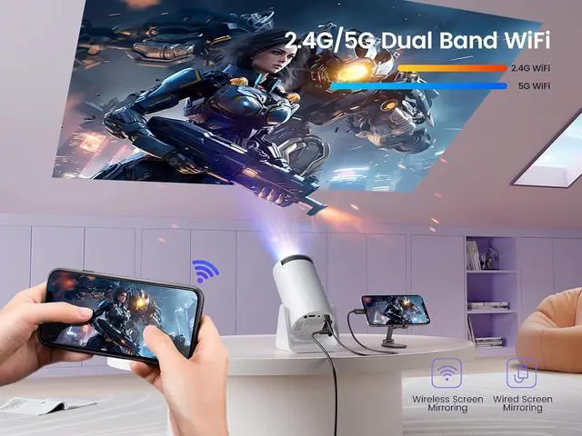 Alt view image 4 of 7 - [270°Adjustable Stand] Mini projector with WiFi and Bluetooth, Outdoor Portable Movie Projector 1080P Support, Auto Keystone Home Projector for Phone/TV Stick/Laptop, WiMiUS Latest S27