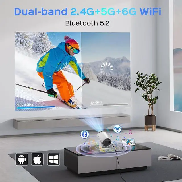 Alt view image 3 of 7 - Mini Projector with WiFi and Bluetooth, 180° Rotatable Portable Projector, 130" Smart Projector with Android TV 11.0, 1080P Support 4K Decoding, 2.4G/5G WiFi6, Auto Keyston for Home Theater, White