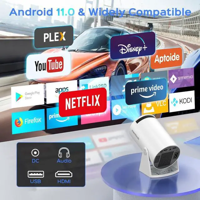 Alt view image 6 of 7 - Mini Projector with WiFi and Bluetooth, 180° Rotatable Portable Projector, 130" Smart Projector with Android TV 11.0, 1080P Support 4K Decoding, 2.4G/5G WiFi6, Auto Keyston for Home Theater, White