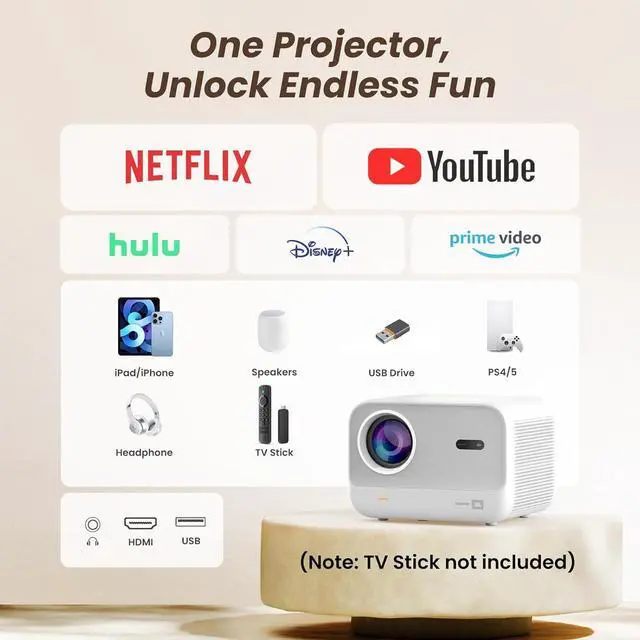 Alt view image 7 of 7 - 1080P Projector with WiFi 6 and Bluetooth, [Seamless Autofocus] Portable Outdoor Movie Projector, Home Theater Projector for iPhone/TV Stick/HDMI/USB/Laptop/PS5-White
