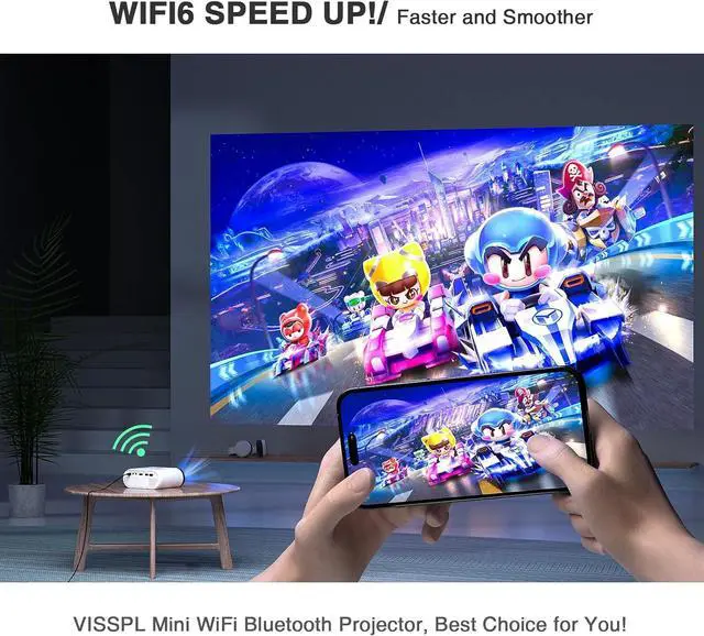 Alt view image 3 of 7 - Mini Projector with WiFi and Bluetooth, VISSPL Full HD 1080P Projector, Portable Outdoor Projector with Tripod,Home Theater Movie Phone Projector Compatible with Android/iOS/Windows/TV Stick/HDMI/USB