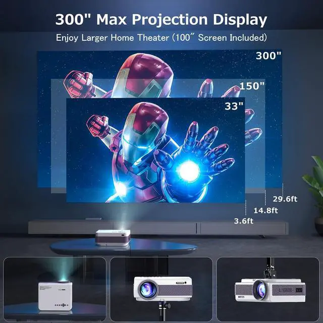 Alt view image 5 of 7 - Projector with WiFi and Bluetooth, FUDONI 5G WiFi Native 1080P Outdoor Projector 15000L Support 4K, Portable Movie Projector with Screen and Max 300", for iOS/Android/Laptop/TV Stick/HDMI/USB/VGA/TF