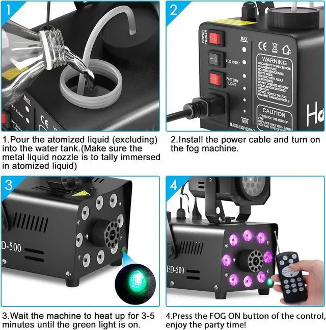 Alt view image 5 of 7 - LED Projector Light Smoke Machine with Timer of 5/15/30min Continuous Spray, 13 Colorful LED Light Effects, 500W 2300CFM for Halloween, DJ, Party, Stage