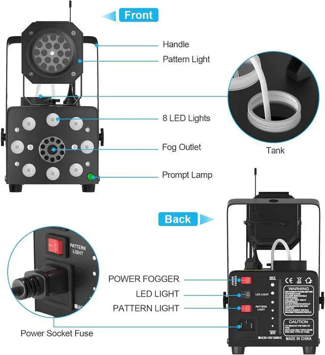 Alt view image 6 of 7 - LED Projector Light Smoke Machine with Timer of 5/15/30min Continuous Spray, 13 Colorful LED Light Effects, 500W 2300CFM for Halloween, DJ, Party, Stage