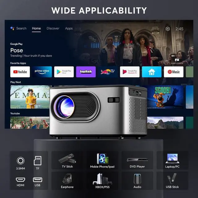 Alt view image 7 of 7 - 4K Projector, Native 1080P Bluetooth Projector, Portable Outdoor Movie Projector, Mini Projector for Home Theater, Compatible with Smartphone,HDMI,USB,TV Stick