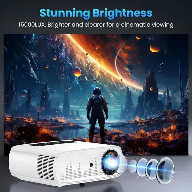 Alt view image 2 of 7 - Projector, 15000lux 490ANSI Native 1080P WiFi Bluetooth Projector, 300'' Video Projector, Supports 4K & Zoom, 5G Sync, Compatible with HDMI USB/ AV/ Smartphone/ Pad/ Laptop/ DVD/ TV Stick/ PS5