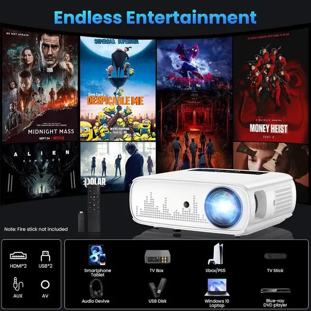 Alt view image 7 of 7 - Projector, 15000lux 490ANSI Native 1080P WiFi Bluetooth Projector, 300'' Video Projector, Supports 4K & Zoom, 5G Sync, Compatible with HDMI USB/ AV/ Smartphone/ Pad/ Laptop/ DVD/ TV Stick/ PS5