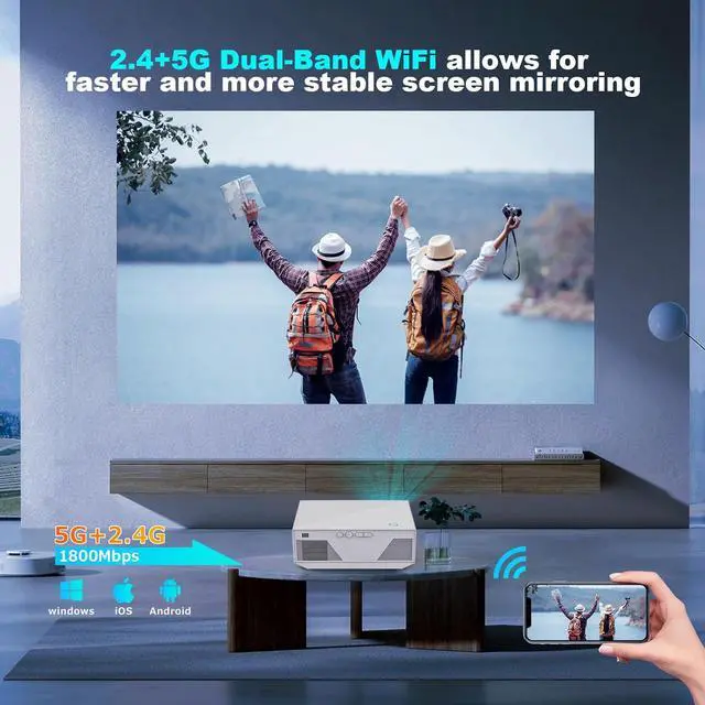 Alt view image 2 of 6 - Projector with WiFi and Bluetooth, 16000Lumens Portable Mini Projector,Native Full HD 1080P Outdoor Movie Projector,Smart Projector Compatible with Android/iOS/Windows/TV Stick/HDMI/USB