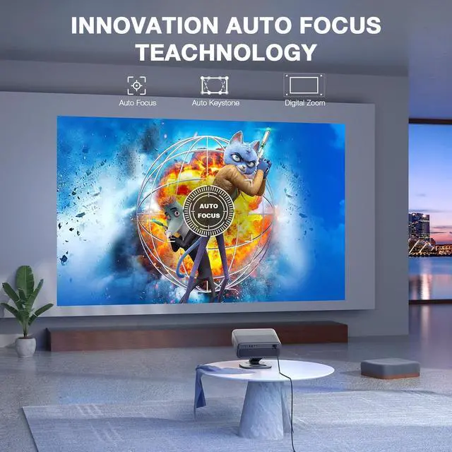 Alt view image 3 of 7 - Smart Projector with Wifi and Bluetooth,Auto Focus & Keystone Projector 4K, 3D DoIby Audio, 800ANSI Outdoor Projector with Omnidirectional Rotating Stand
