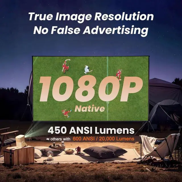 Alt view image 3 of 7 - T2 Outdoor Projector with WiFi 6 and Bluetooth, Native 1080P Smart Movie Portable Projector for Inside and Outside, Compatible with TV Dongle (Not included)