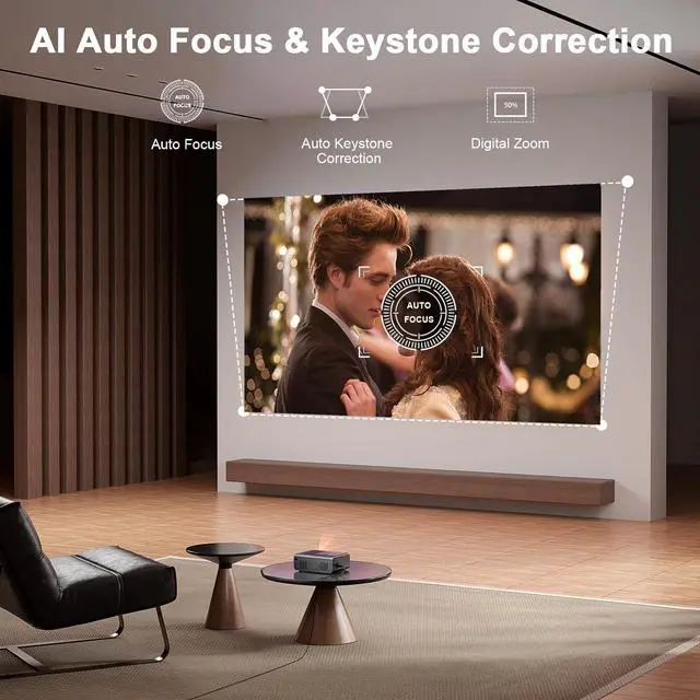 Alt view image 3 of 7 - Smart Projector with WiFi and Bluetooth, VOPLLS 600ANSI Native 1080P Outdoor Projector, 50% Zoom Home Theater Movie Projector for Bedroom/iOS/Android/PPT