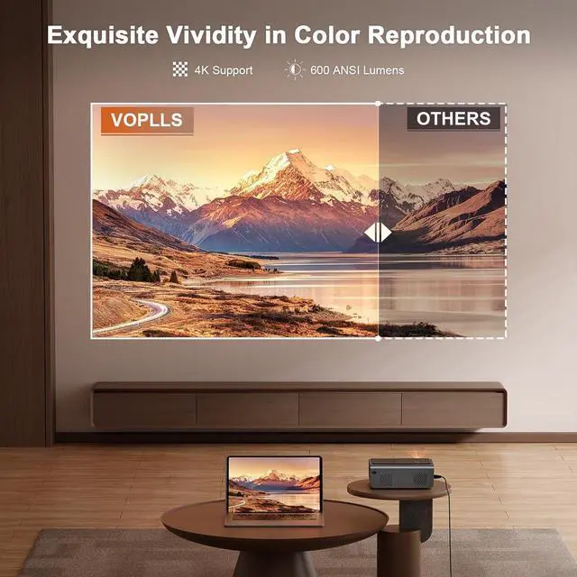 Alt view image 4 of 7 - Smart Projector with WiFi and Bluetooth, VOPLLS 600ANSI Native 1080P Outdoor Projector, 50% Zoom Home Theater Movie Projector for Bedroom/iOS/Android/PPT