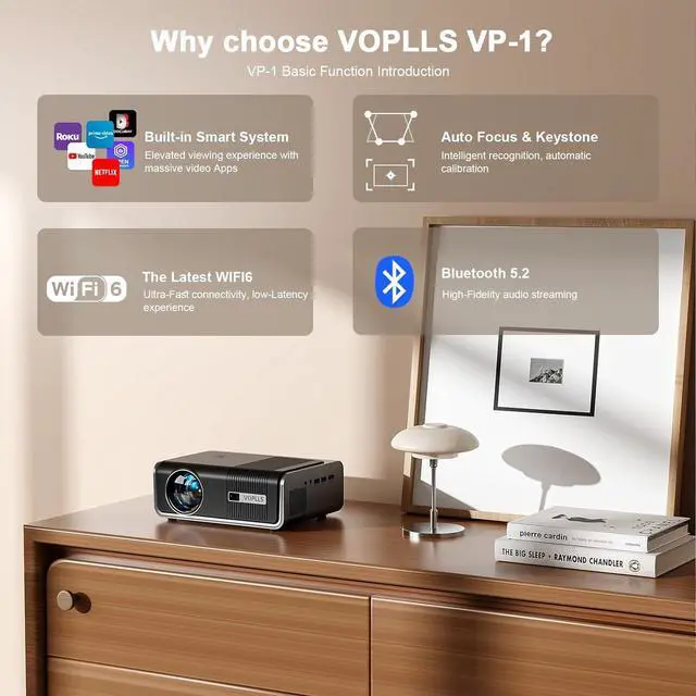 Alt view image 7 of 7 - Smart Projector with WiFi and Bluetooth, VOPLLS 600ANSI Native 1080P Outdoor Projector, 50% Zoom Home Theater Movie Projector for Bedroom/iOS/Android/PPT