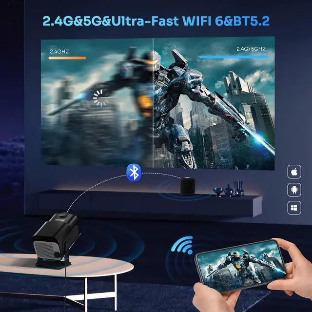Alt view image 7 of 7 - 180°-Rotation Adjustable StandSmart Mini Projector with WiFi and Bluetooth,1080P Portable 4k Outdoor Portable Projector,300ASIN LM,Support 2.4G/5G Wi-Fi6, BT5.2 With Android 11,2024NEW(Black)