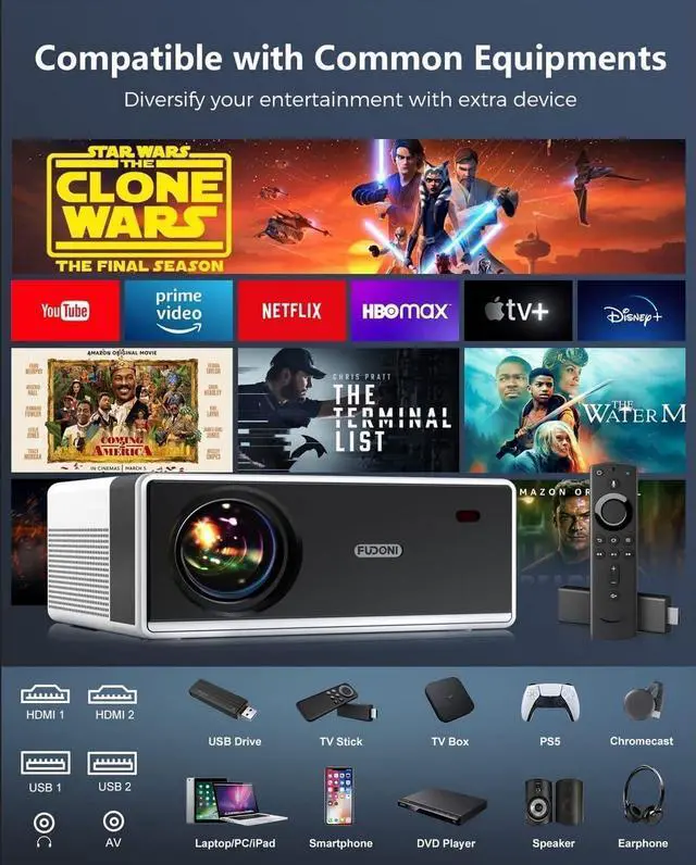 Alt view image 5 of 7 - Projector with WiFi and Bluetooth, Outdoor Portable 4K Support Projector 18000L HD 1080P Max 300" Display Zoom, Movie Video Home Theater Projector Compatible w/HDMI/USB/Phone/Laptop/TV Stick