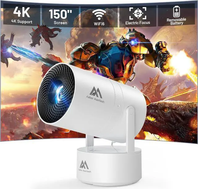 Main image of Mini Projector with Wifi and Bluetooth, 4K 1080P Supported 270° Rotatable 150'' Screen Auto Keystone Home Outdoor Projector Portable Smart Projector for Phone/TV/Laptop/HDMI, White