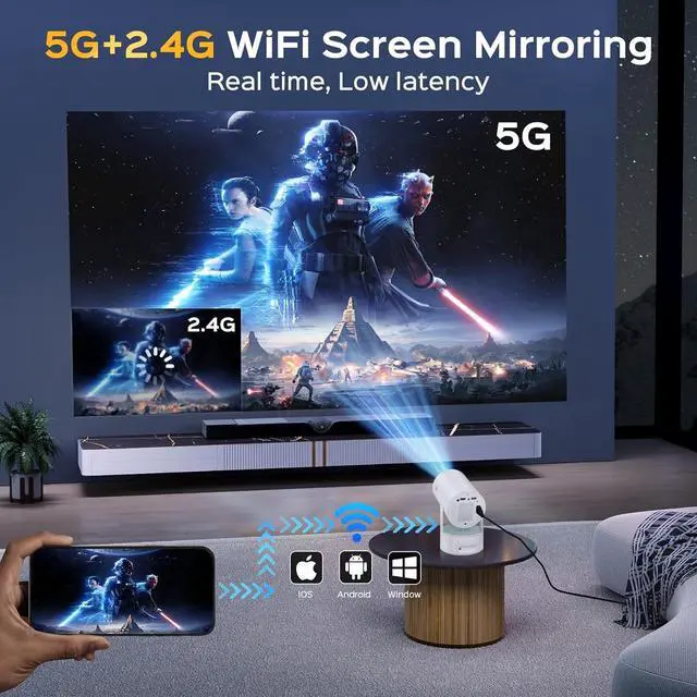 Alt view image 3 of 7 - Mini Projector with Wifi and Bluetooth, 4K 1080P Supported 270° Rotatable 150'' Screen Auto Keystone Home Outdoor Projector Portable Smart Projector for Phone/TV/Laptop/HDMI, White