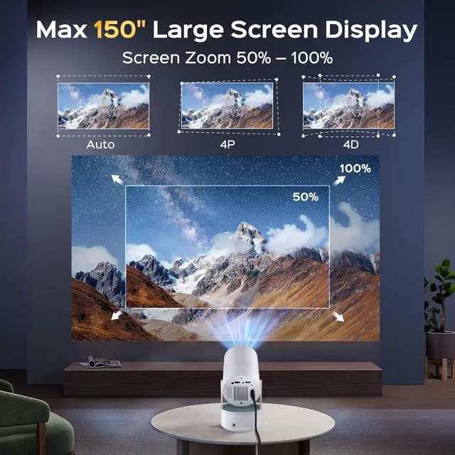 Alt view image 4 of 7 - Mini Projector with Wifi and Bluetooth, 4K 1080P Supported 270° Rotatable 150'' Screen Auto Keystone Home Outdoor Projector Portable Smart Projector for Phone/TV/Laptop/HDMI, White