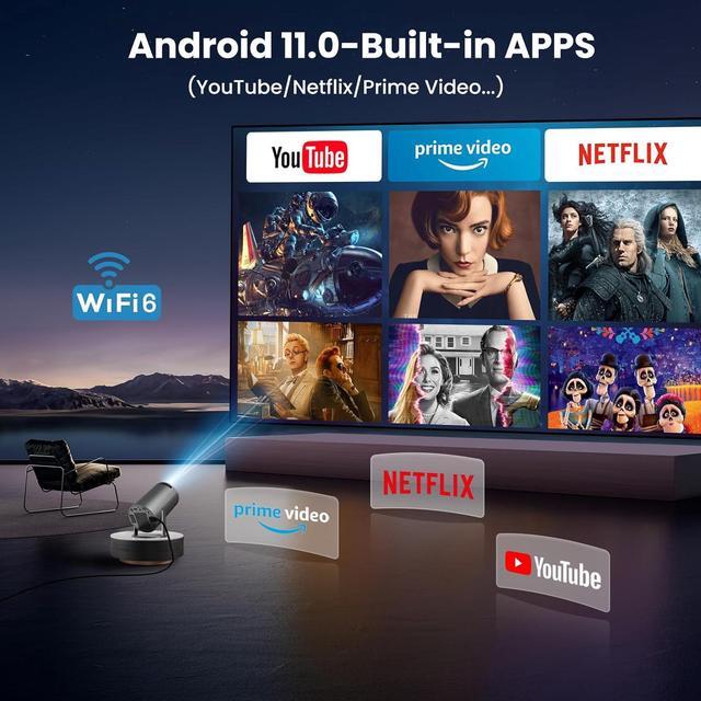 Alt view image 3 of 7 - Mini Projector with WiFi and Bluetooth, Auto Keystone Ceiling Projector,2024 Upgraded 350ANSI, Smart Projector with Android11.0, Short Throw Outdoor Portable Movie Projector, HY300Pro